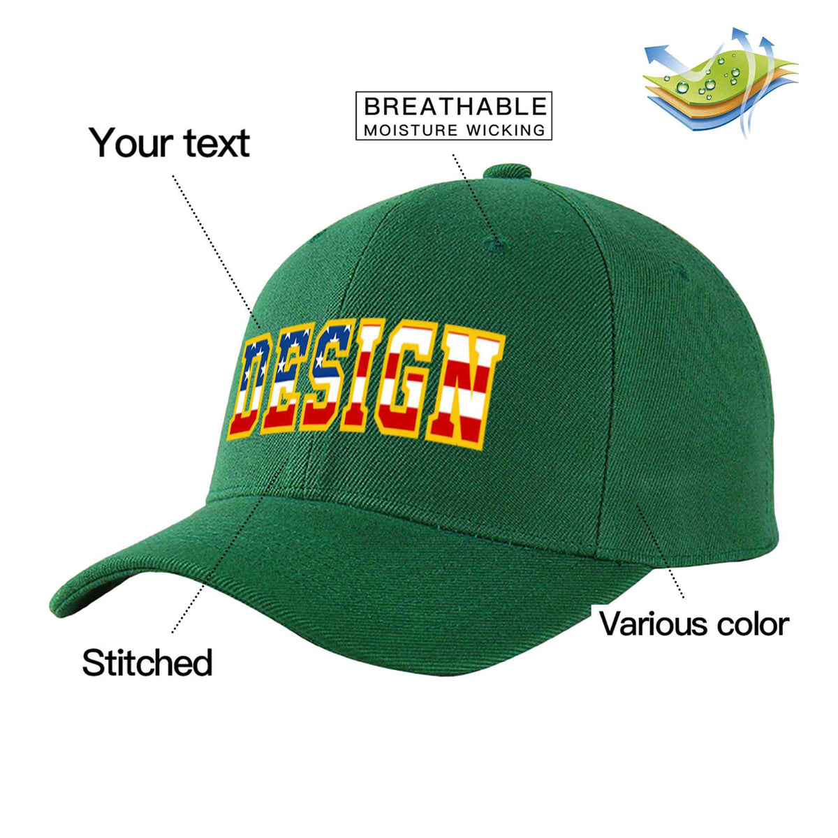 Custom Green Vintage USA Flag-Gold Curved Eaves Sport Design Baseball Cap