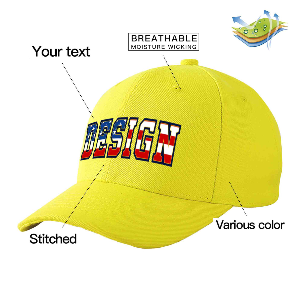 Custom Yellow Vintage USA Flag-Gold Curved Eaves Sport Design Baseball Cap