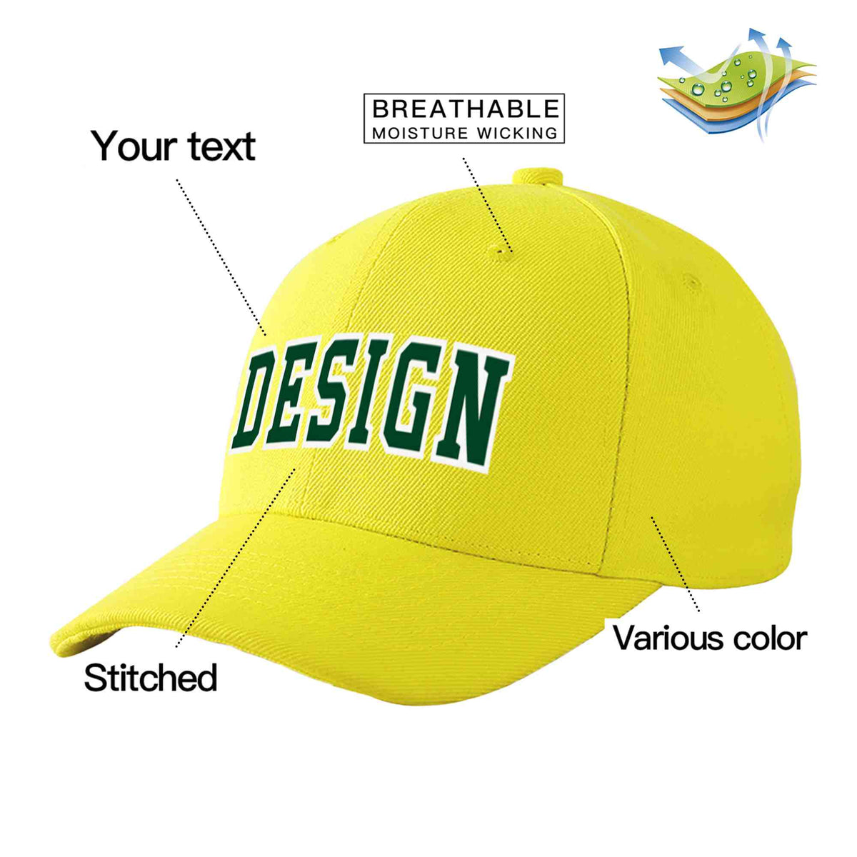 Custom Yellow Green-White Curved Eaves Sport Design Baseball Cap