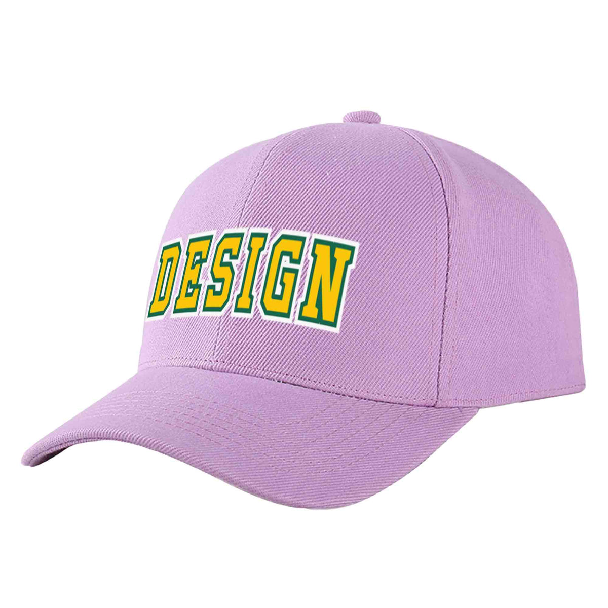 Custom Light Purple Gold-Kelly Green Curved Eaves Sport Design Baseball Cap