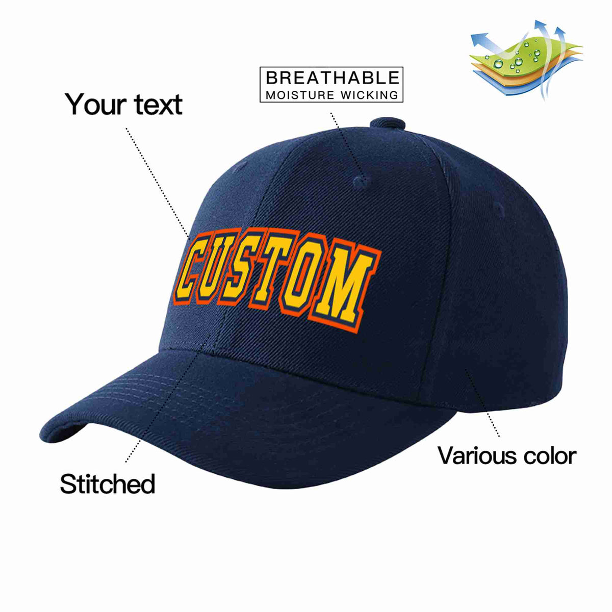 Custom Navy Gold-Navy Curved Eaves Sport Baseball Cap Design for Men/Women/Youth