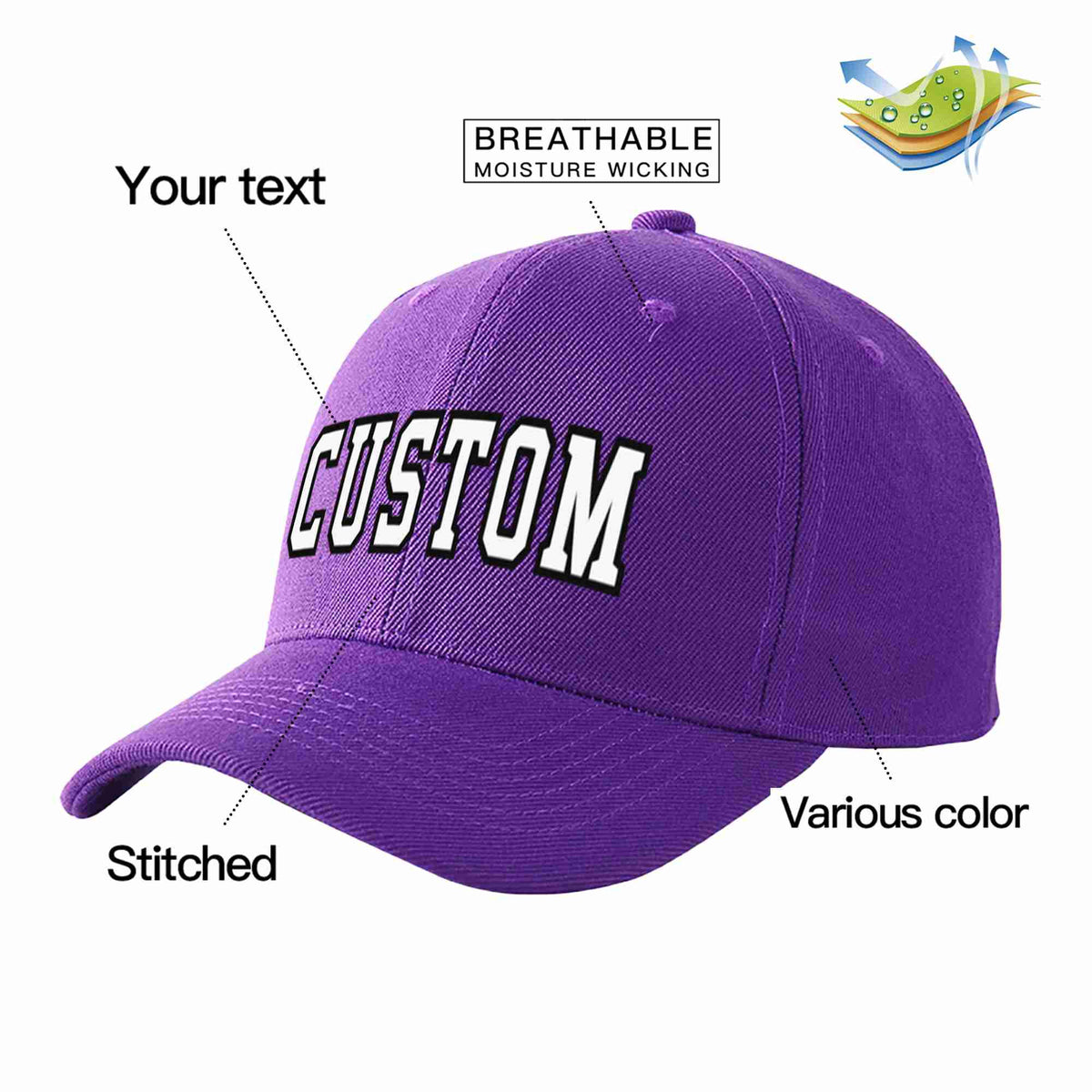Custom Purple White-Black Curved Eaves Sport Baseball Cap Design for Men/Women/Youth