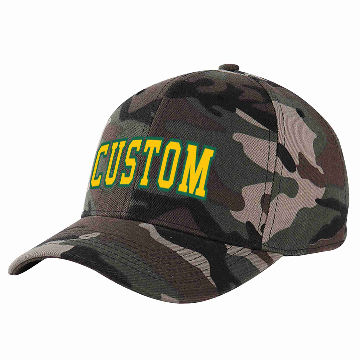 Custom Camo Gold-Kelly Green Curved Eaves Sport Baseball Cap Design for Men/Women/Youth