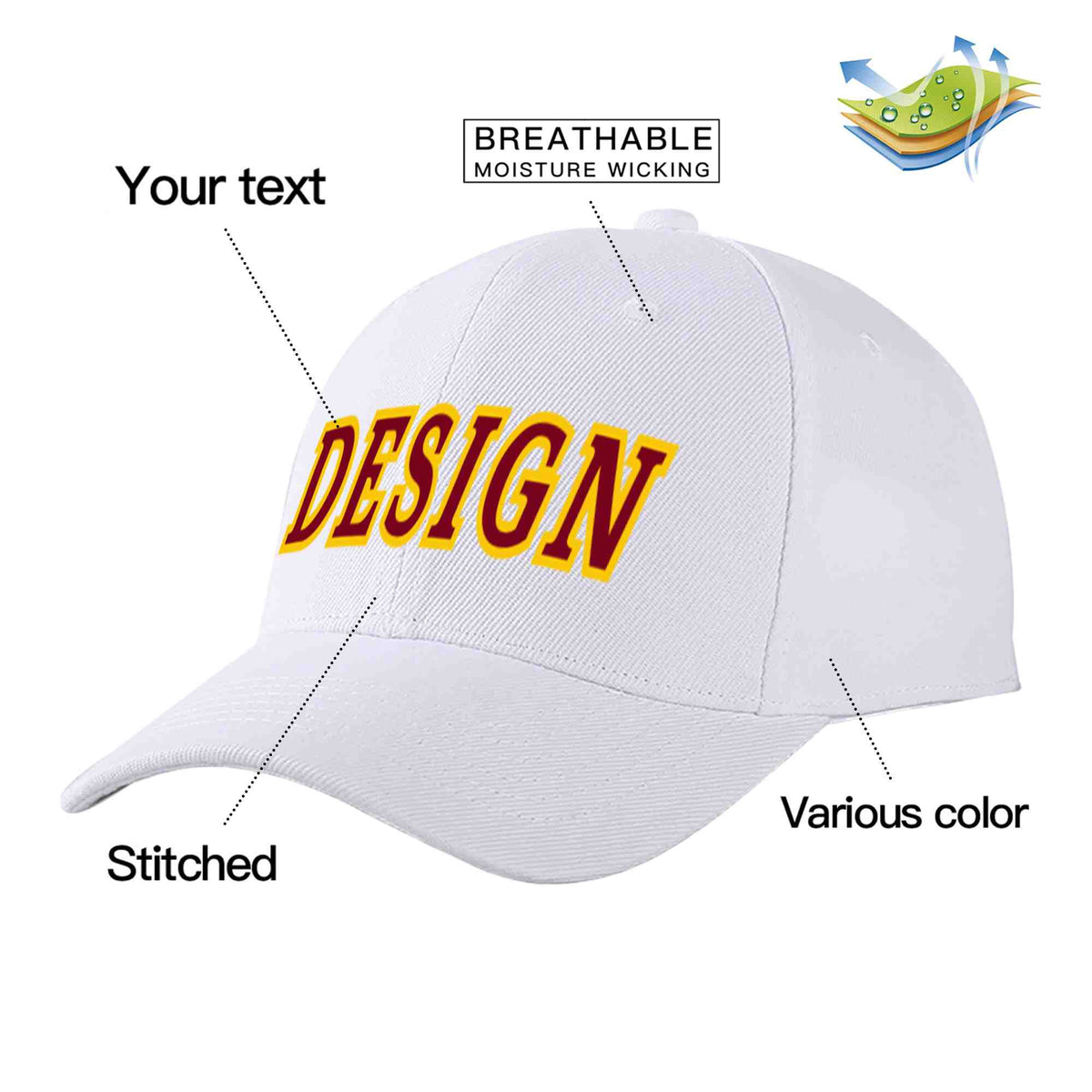 Custom White Crimson-Yellow Curved Eaves Sport Design Baseball Cap