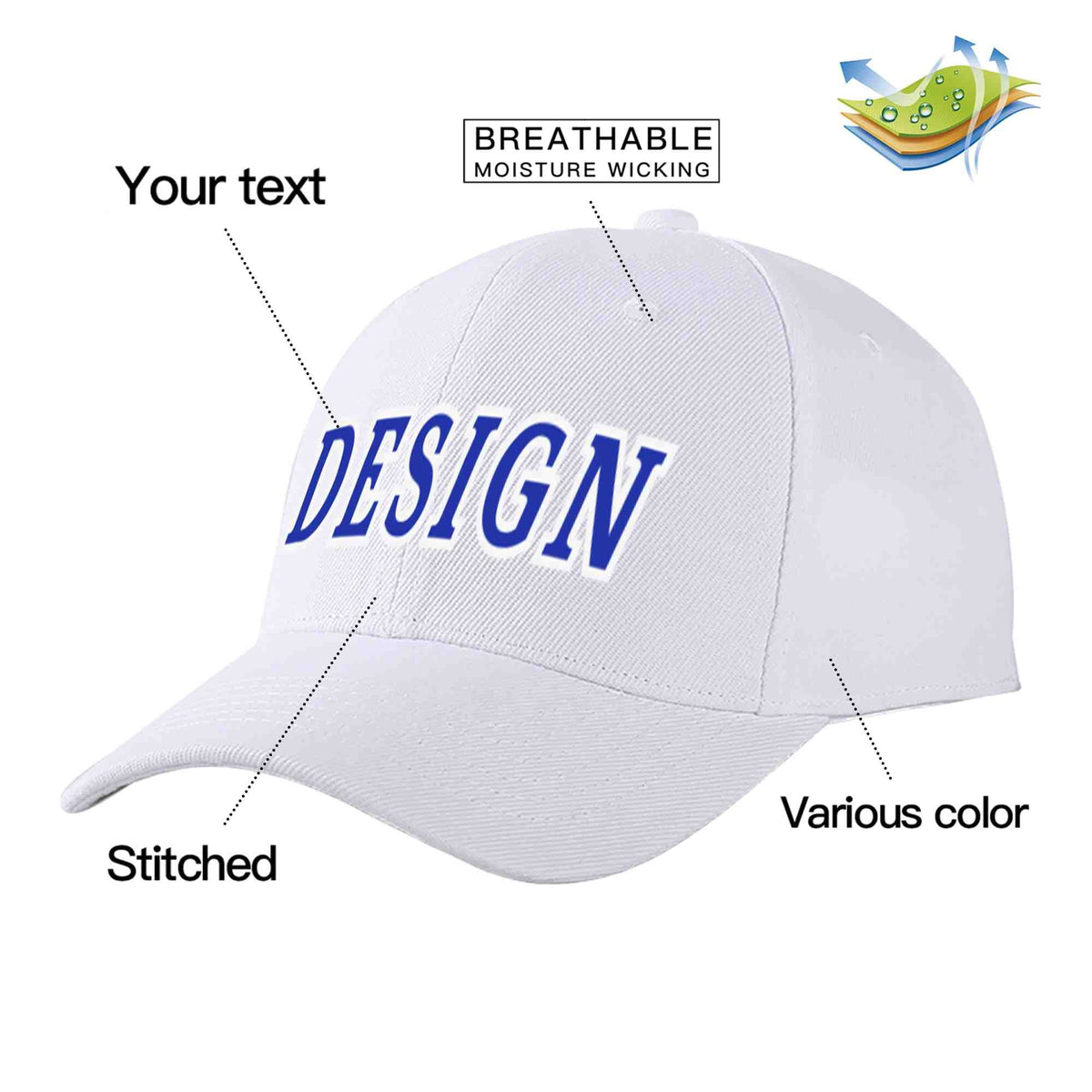 Custom White Royal-White Curved Eaves Sport Design Baseball Cap
