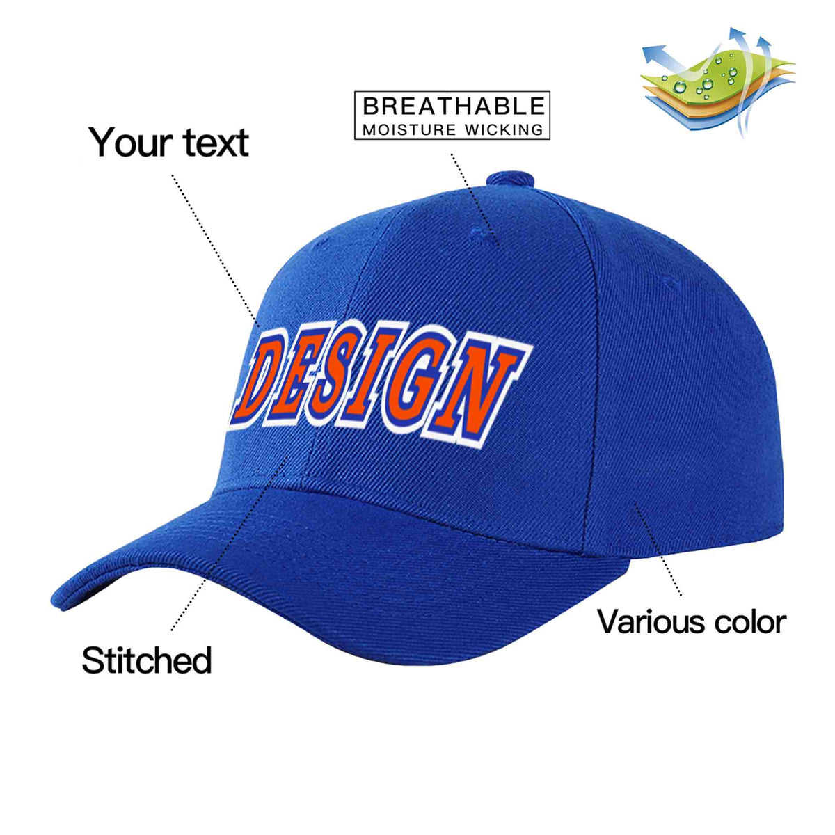Custom Royal Orange-Royal Curved Eaves Sport Design Baseball Cap