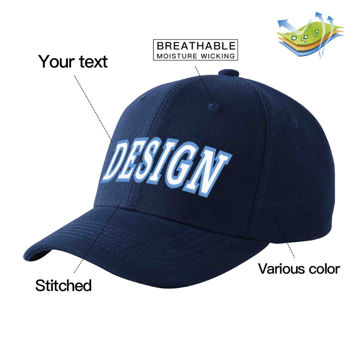 Custom Navy White-Light Blue Curved Eaves Sport Design Baseball Cap
