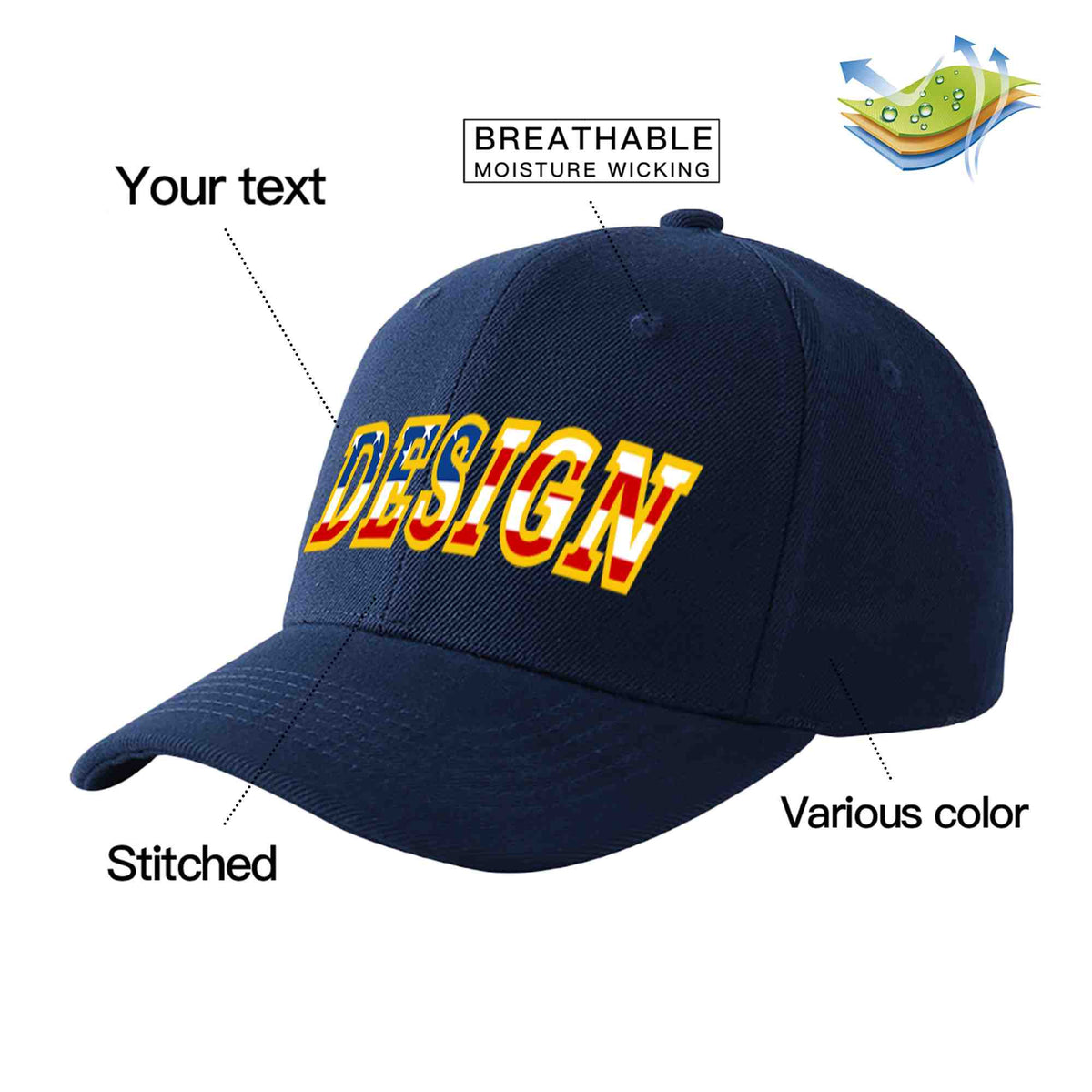 Custom Navy Vintage USA Flag-Gold Curved Eaves Sport Design Baseball Cap