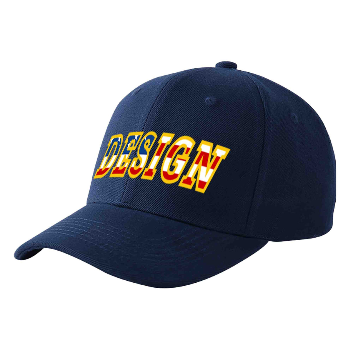 Custom Navy Vintage USA Flag-Gold Curved Eaves Sport Design Baseball Cap