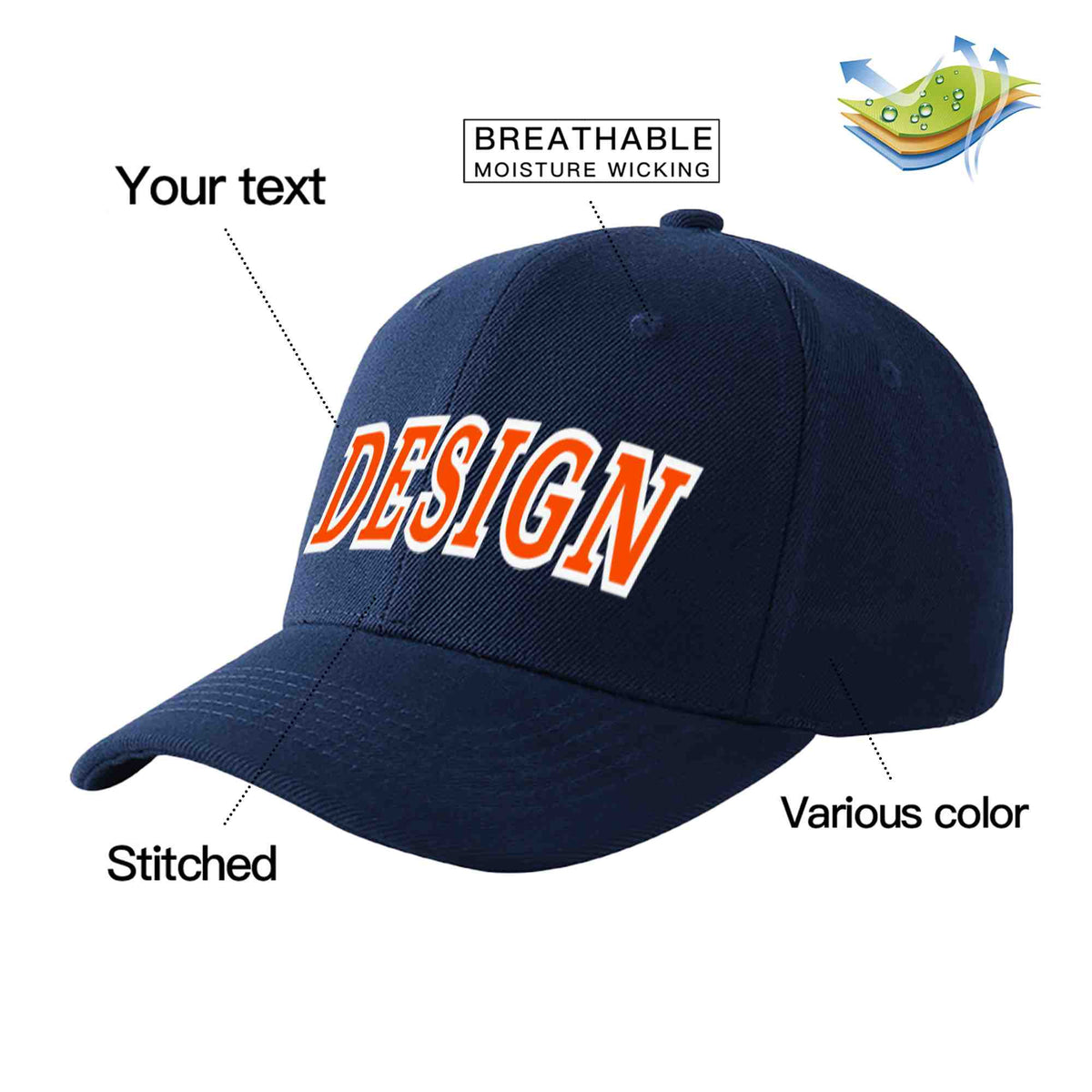 Custom Navy Orange-White Curved Eaves Sport Design Baseball Cap
