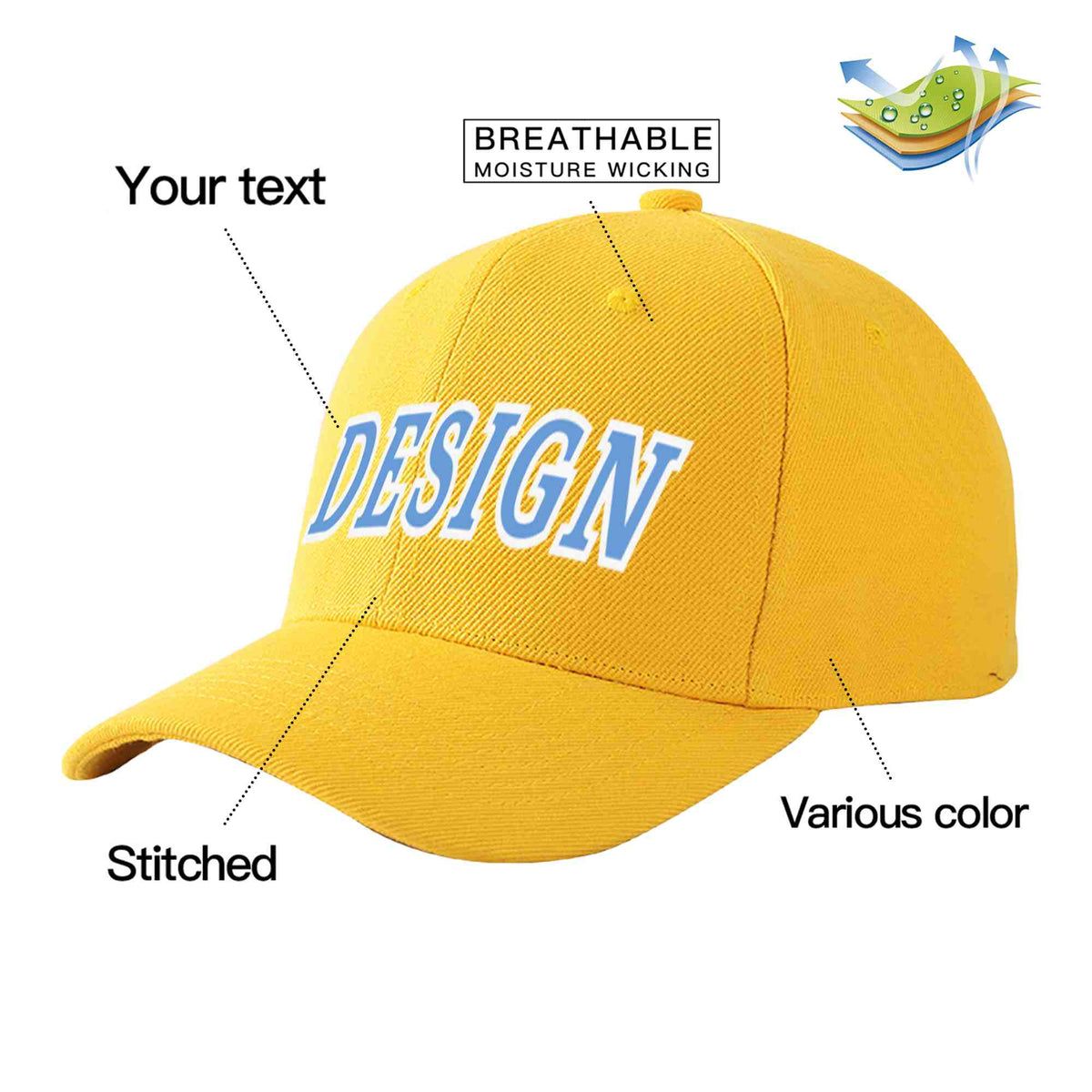 Custom Gold Light Blue-White Curved Eaves Sport Design Baseball Cap