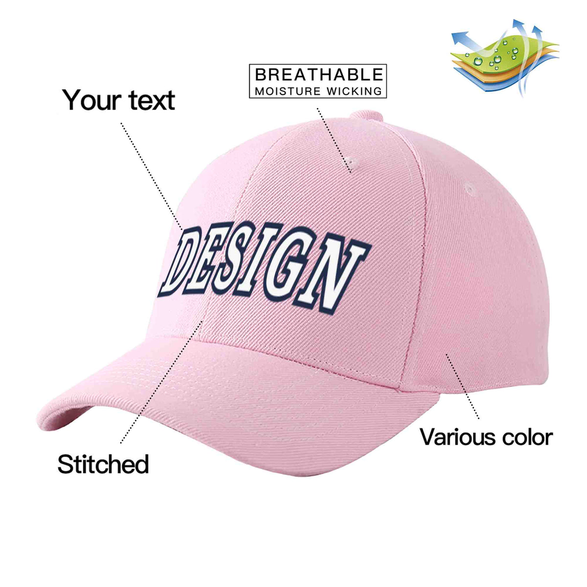 Custom Pink White-Navy Curved Eaves Sport Design Baseball Cap
