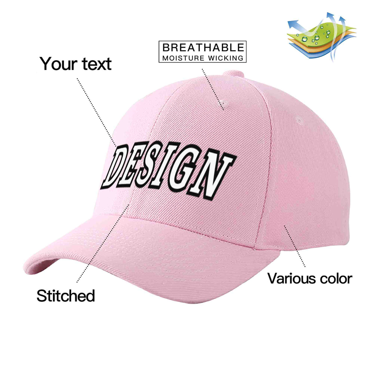 Custom Pink White-Black Curved Eaves Sport Design Baseball Cap