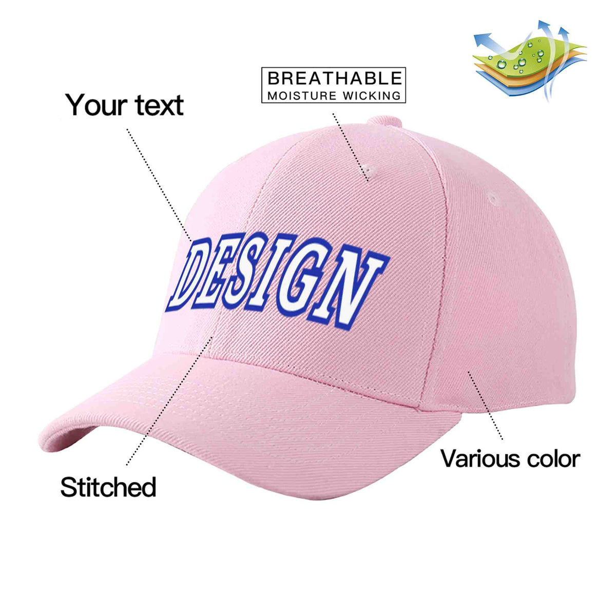 Custom Pink White-Royal Curved Eaves Sport Design Baseball Cap