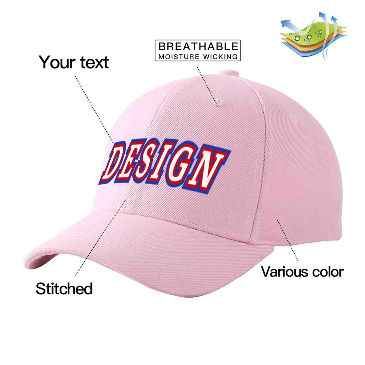 Custom Pink White-Red Curved Eaves Sport Design Baseball Cap