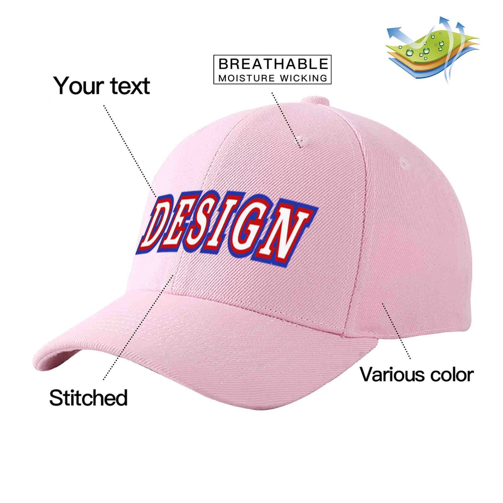 Custom Pink White-Red Curved Eaves Sport Design Baseball Cap