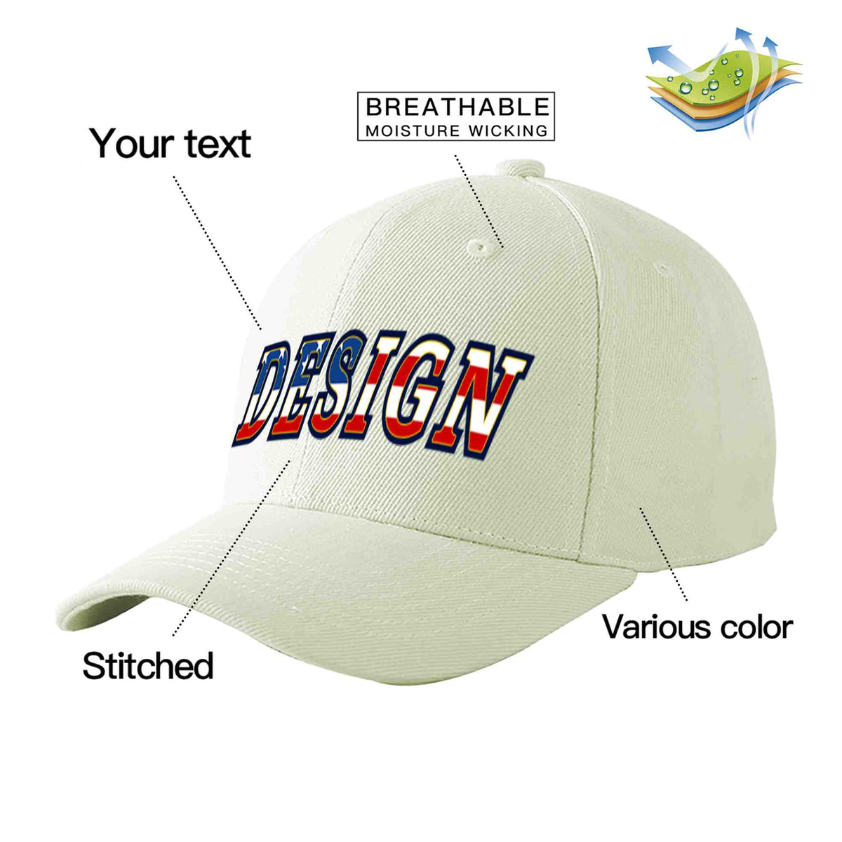 Custom Cream Vintage USA Flag-Gold Curved Eaves Sport Design Baseball Cap