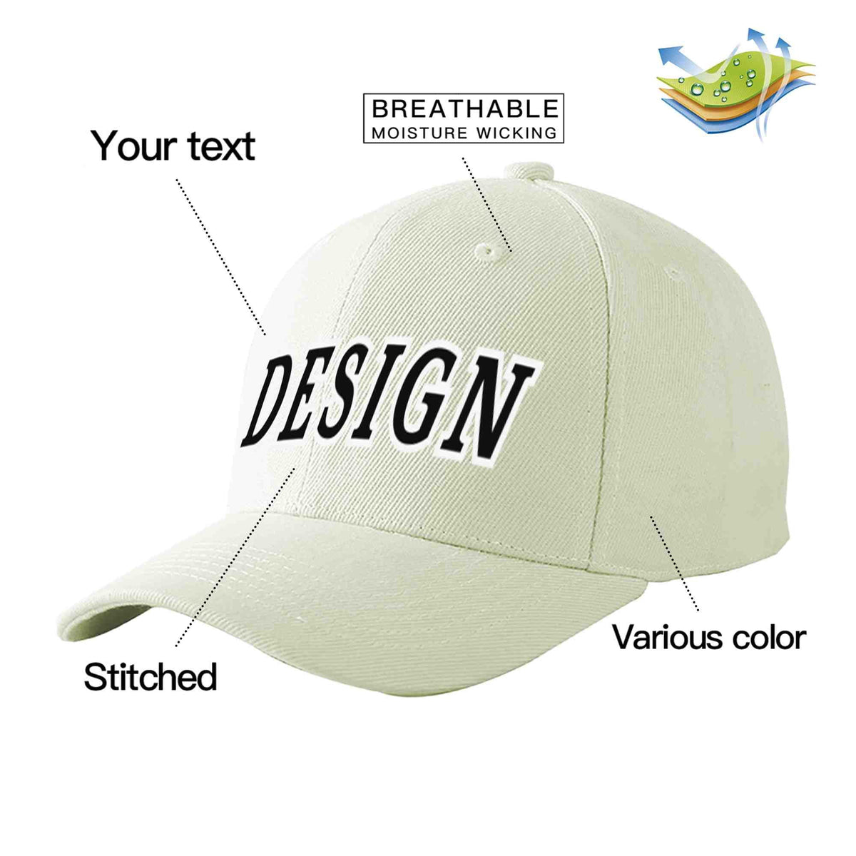 Custom Cream Black-White Curved Eaves Sport Design Baseball Cap
