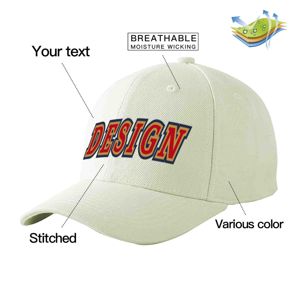 Custom Cream Red-Old Gold Curved Eaves Sport Design Baseball Cap