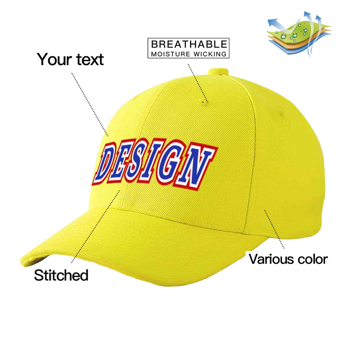 Custom Yellow Royal-White Curved Eaves Sport Design Baseball Cap