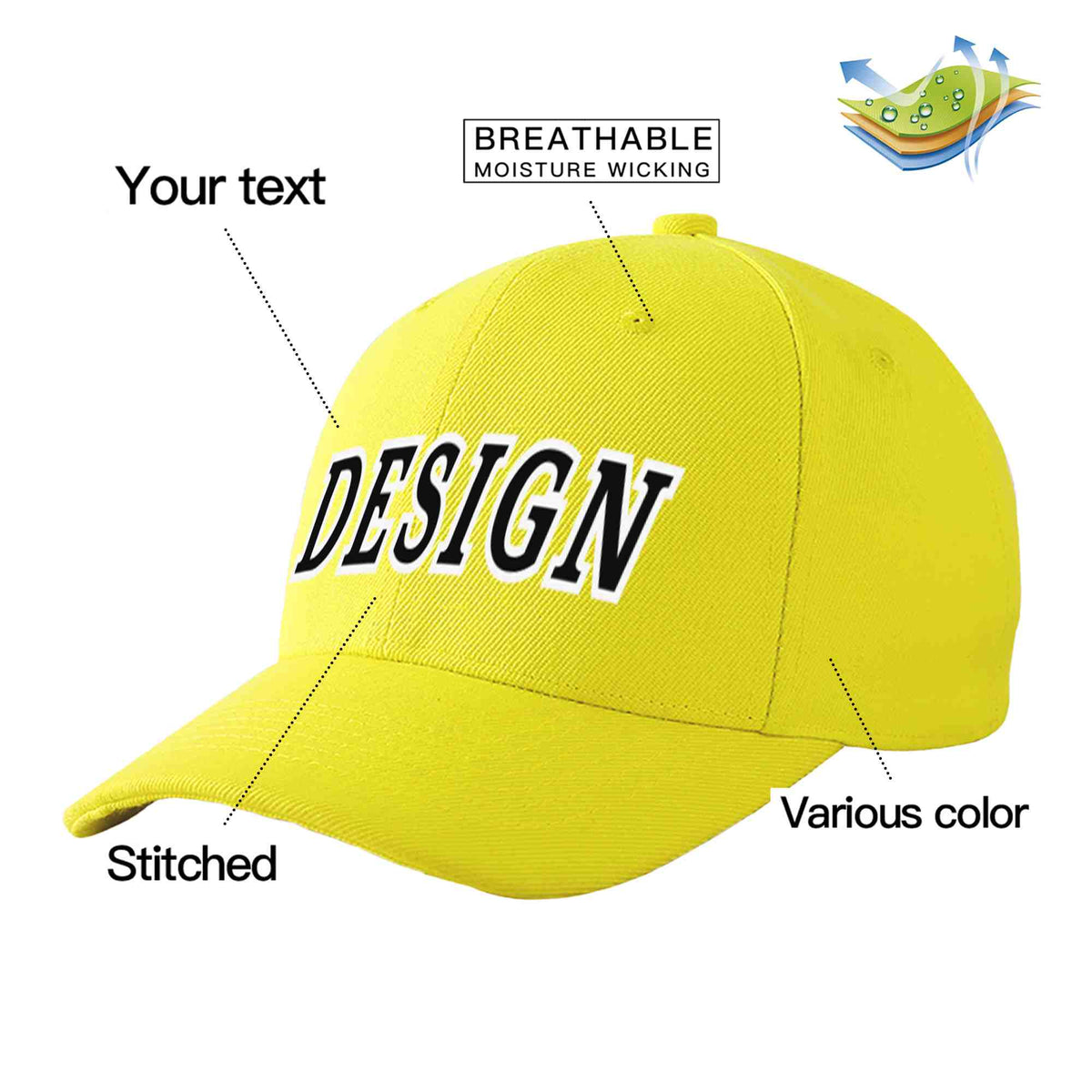 Custom Yellow Black-White Curved Eaves Sport Design Baseball Cap