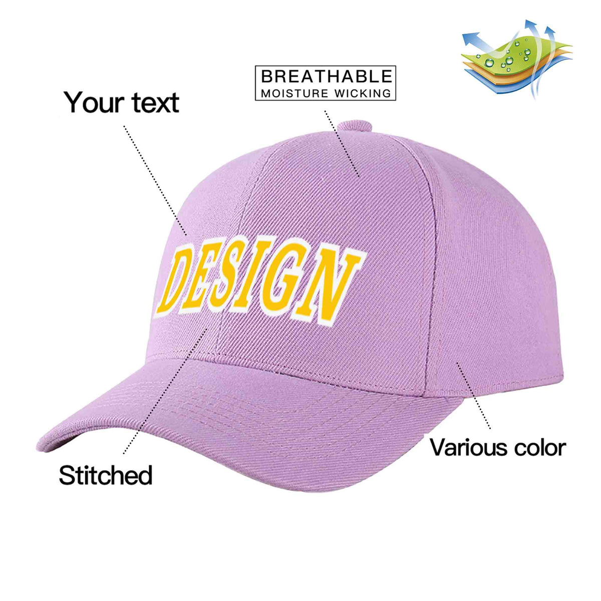 Custom Light Purple Gold-White Curved Eaves Sport Design Baseball Cap
