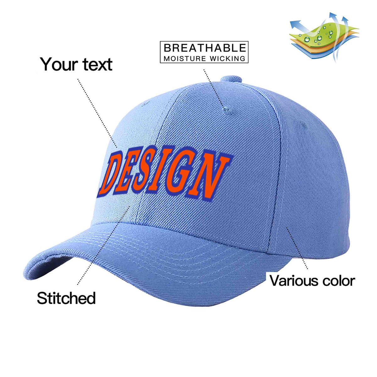 Custom Sky Blue Orange-Royal Curved Eaves Sport Design Baseball Cap