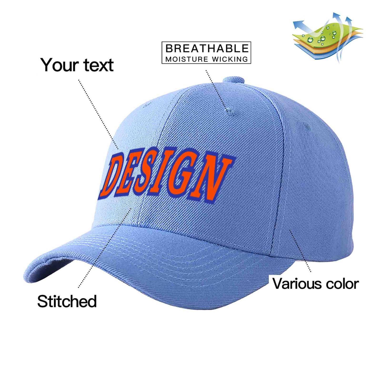 Custom Sky Blue Orange-Royal Curved Eaves Sport Design Baseball Cap