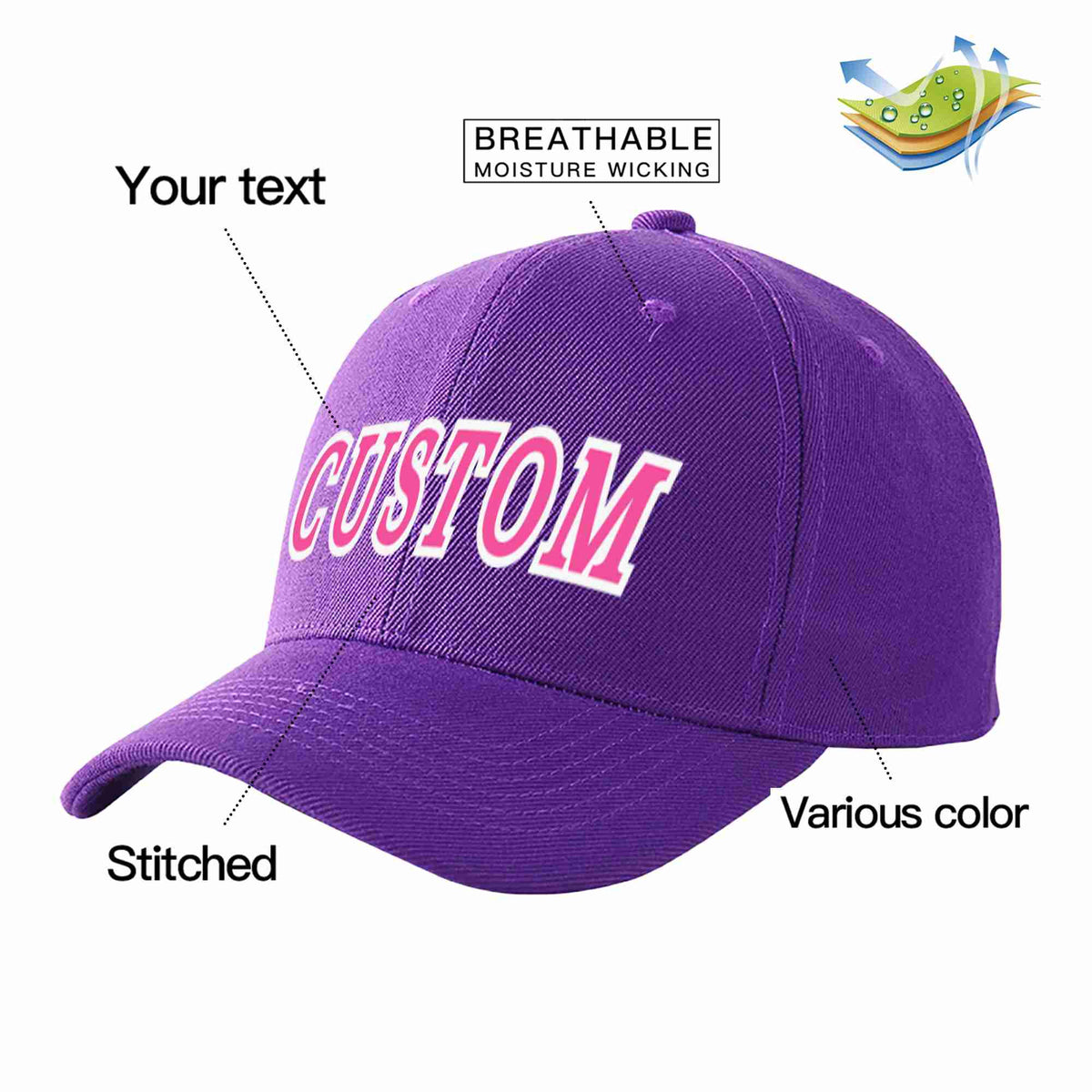Custom Purple Pink-White Curved Eaves Sport Baseball Cap Design for Men/Women/Youth