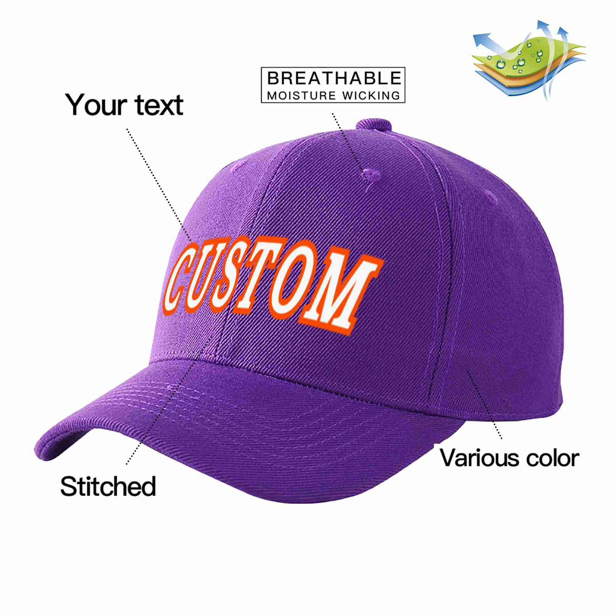 Custom Purple White-Orange Curved Eaves Sport Baseball Cap Design for Men/Women/Youth
