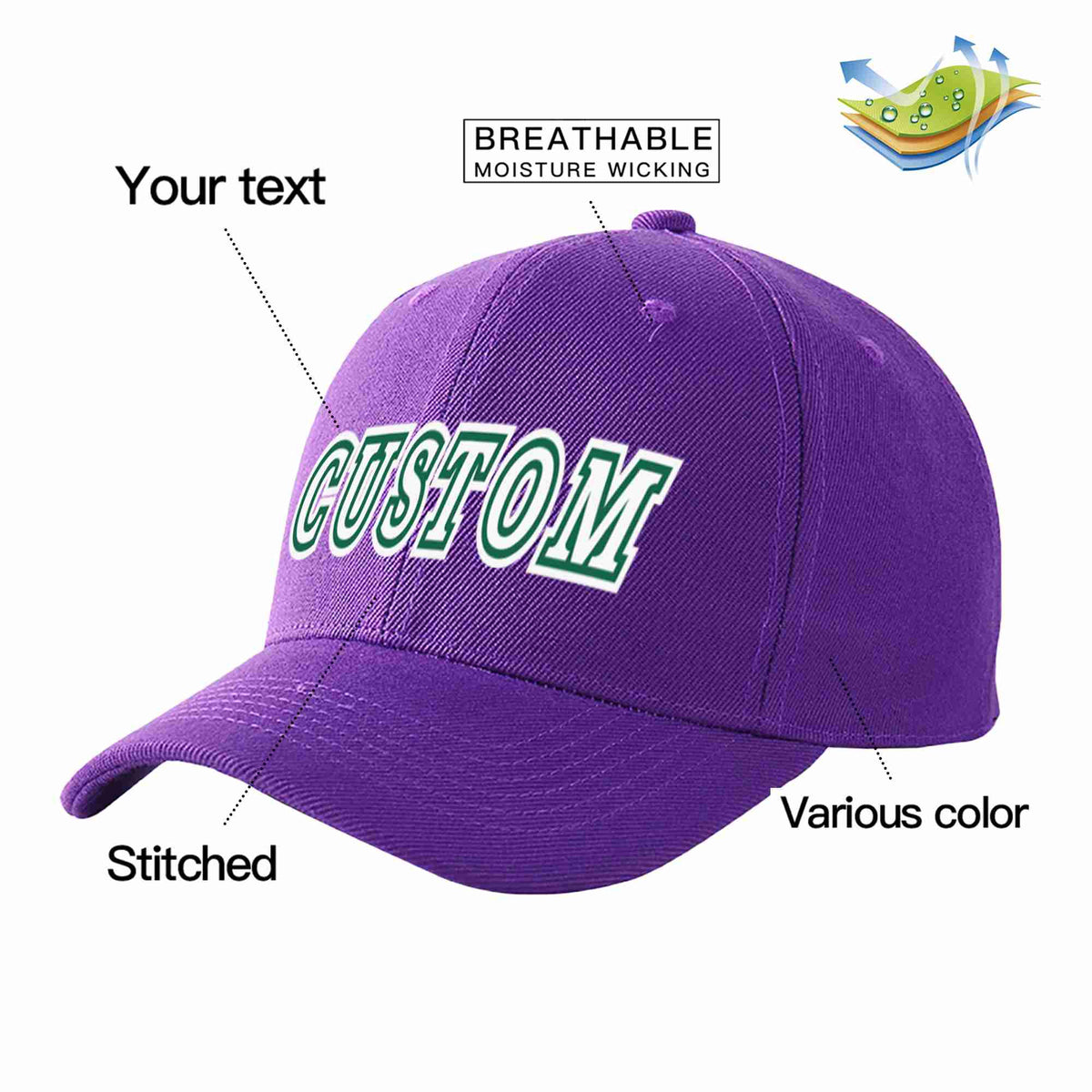 Custom Purple White-Kelly Green Curved Eaves Sport Baseball Cap Design for Men/Women/Youth