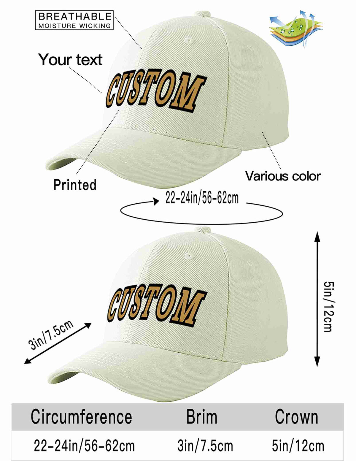 Custom Cream Old Gold-Black Curved Eaves Sport Baseball Cap Design for Men/Women/Youth