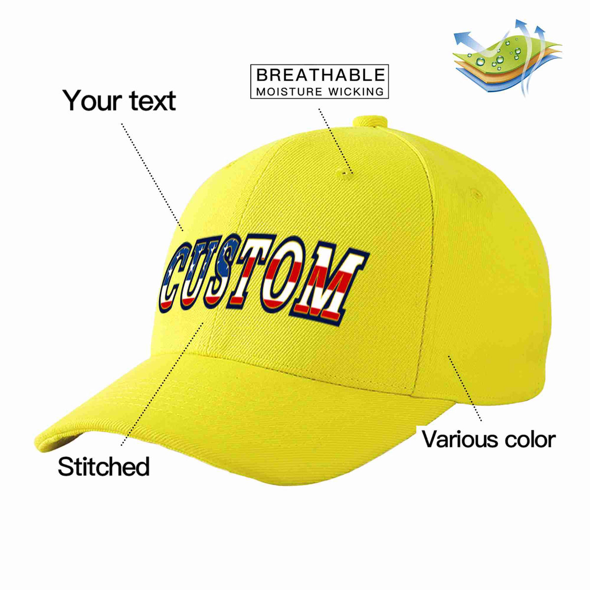 Custom Yellow Vintage USA Flag-Gold Curved Eaves Sport Baseball Cap Design for Men/Women/Youth