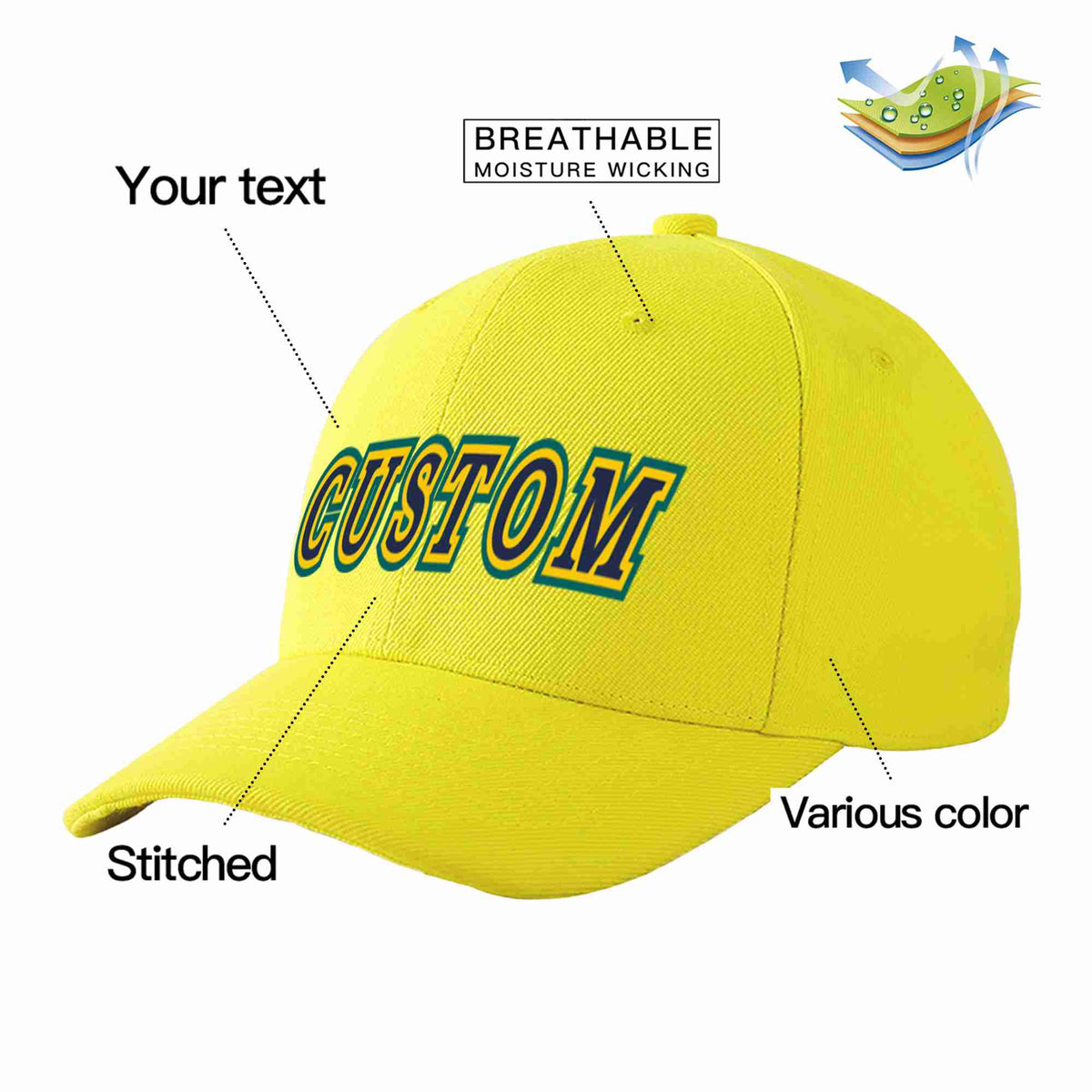 Custom Yellow Navy-Gold Curved Eaves Sport Baseball Cap Design for Men/Women/Youth