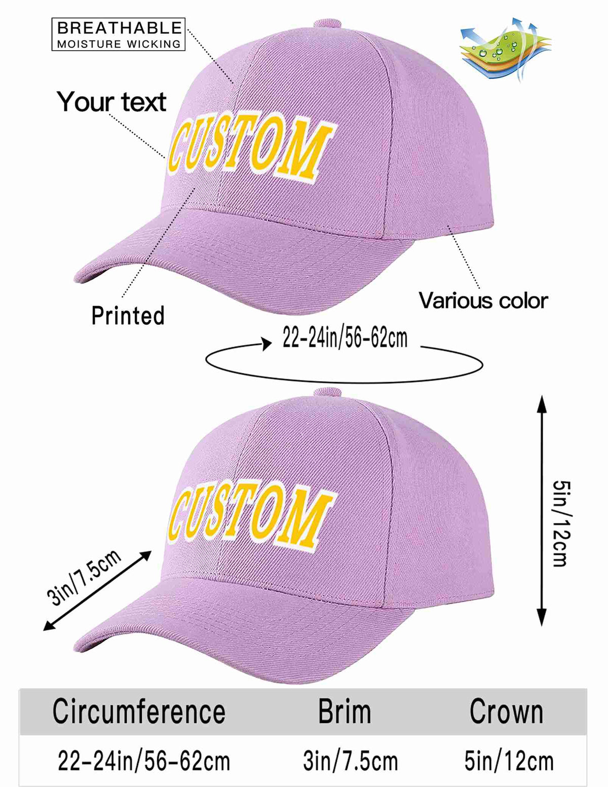 Custom Light Purple Gold-White Curved Eaves Sport Baseball Cap Design for Men/Women/Youth