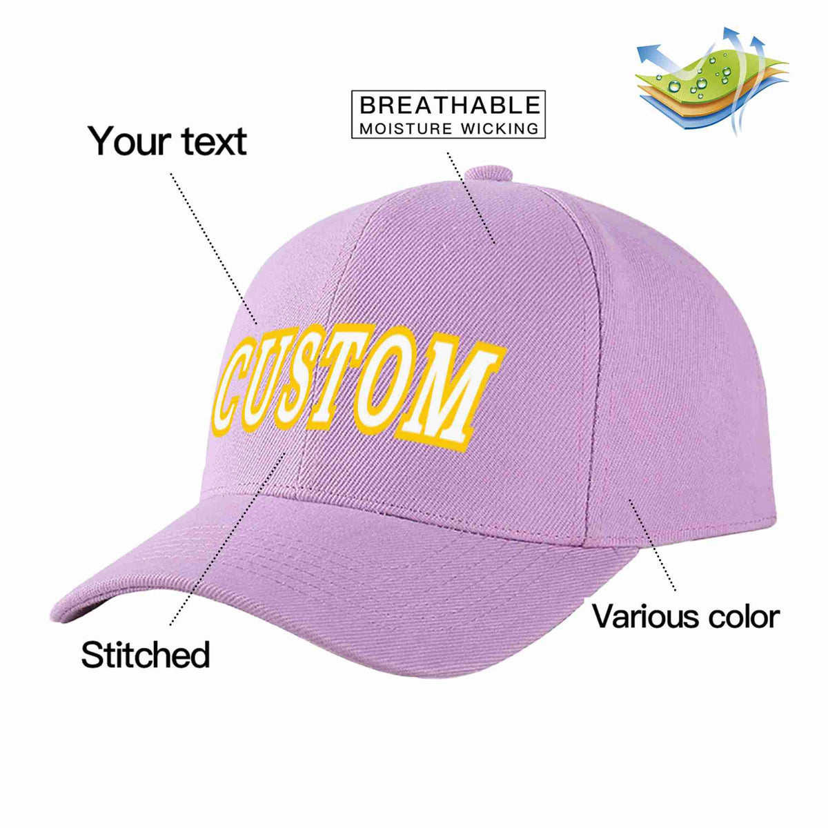 Custom Light Purple White-Gold Curved Eaves Sport Baseball Cap Design for Men/Women/Youth