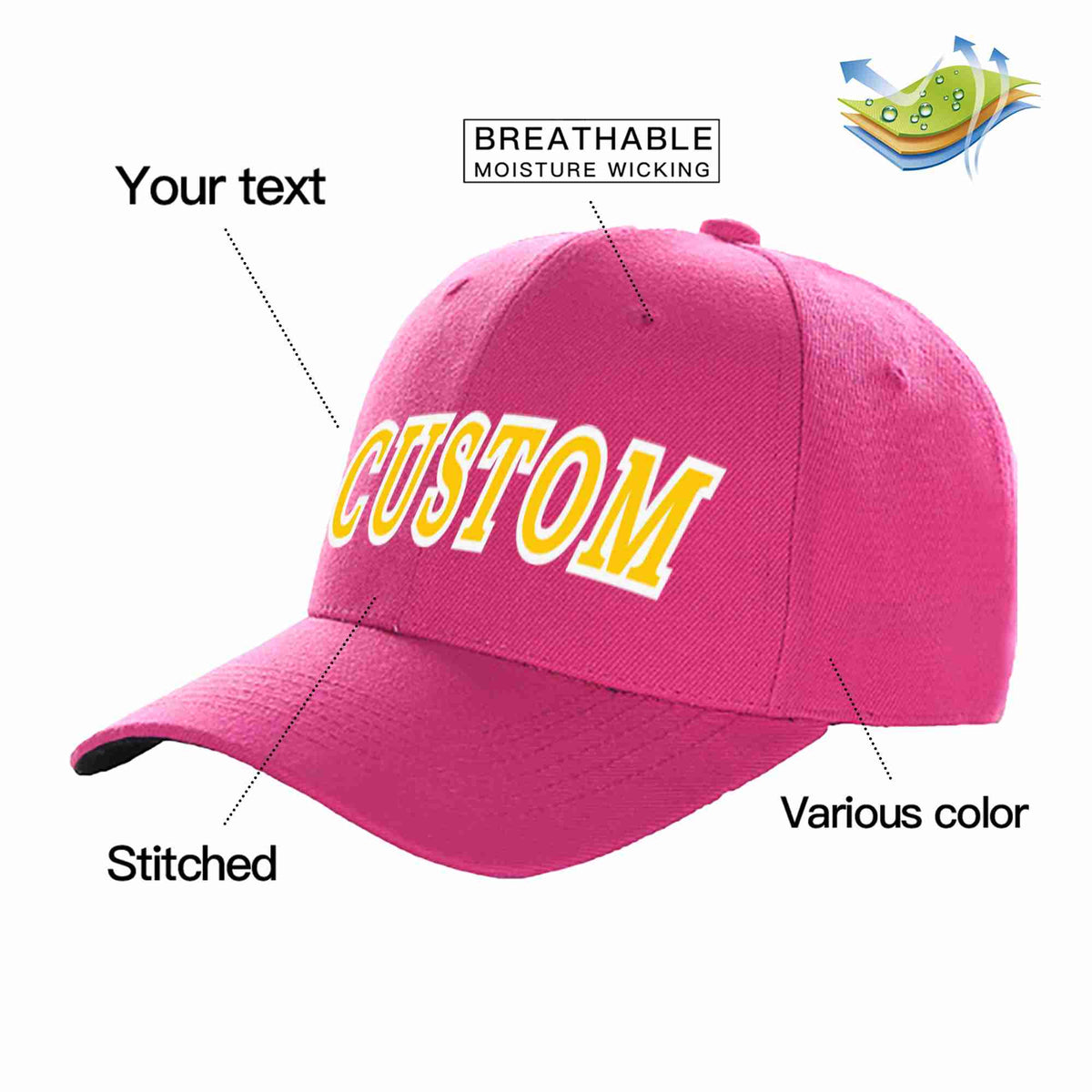 Custom Rose Red Gold-White Curved Eaves Sport Baseball Cap Design for Men/Women/Youth