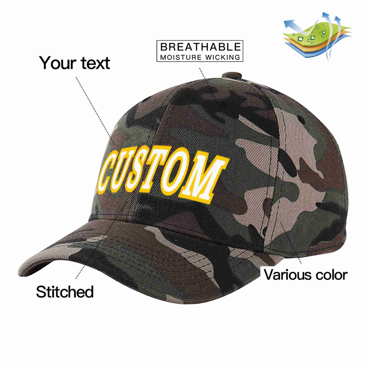 Custom Camo White-Gold Curved Eaves Sport Baseball Cap Design for Men/Women/Youth