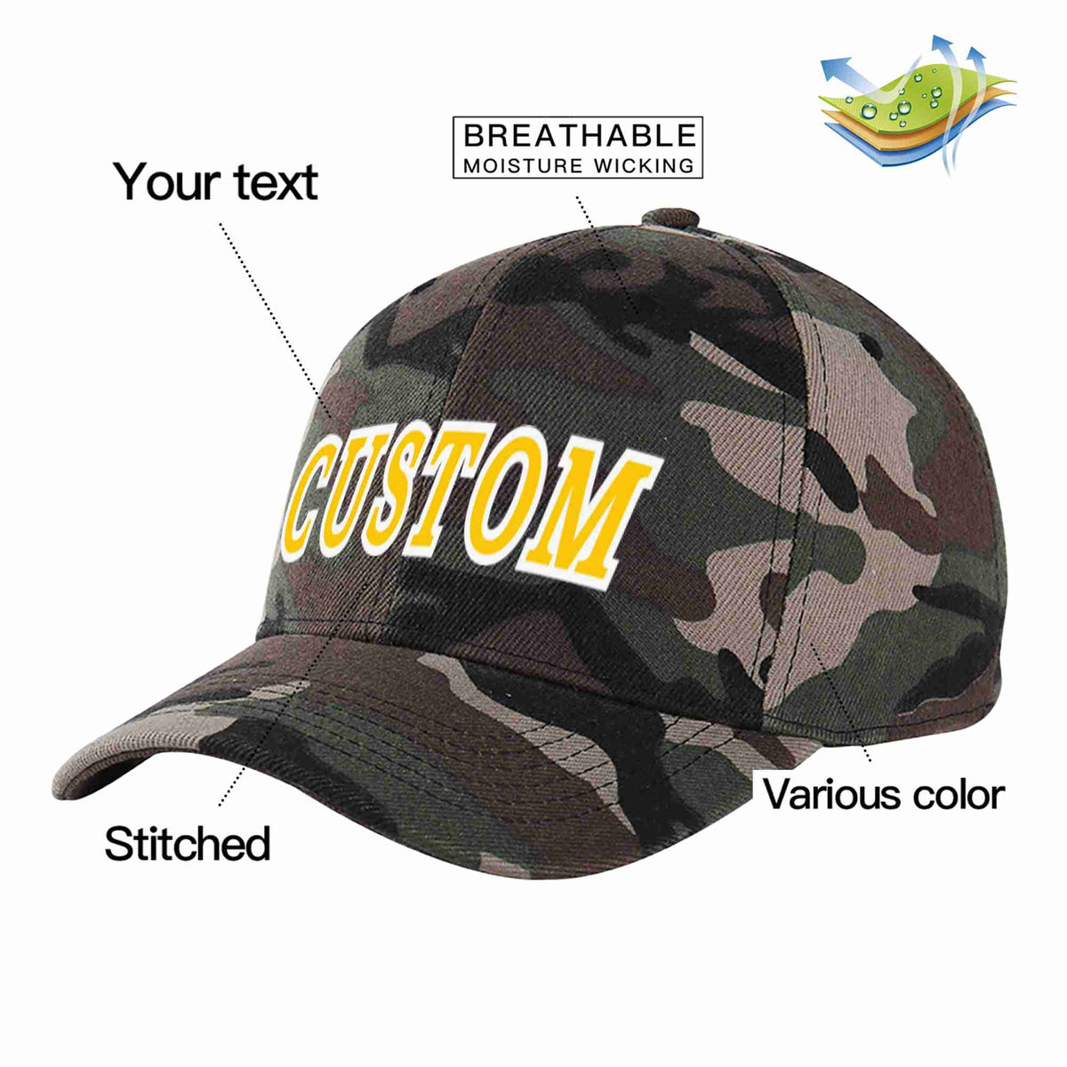 Custom Camo Gold-White Curved Eaves Sport Baseball Cap Design for Men/Women/Youth
