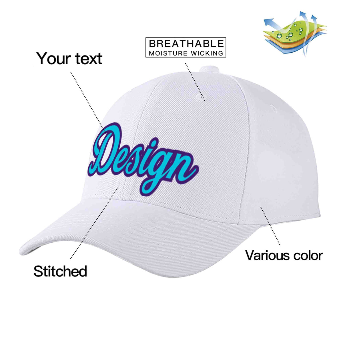 Custom White Light Blue-Purple Curved Eaves Sport Design Baseball Cap