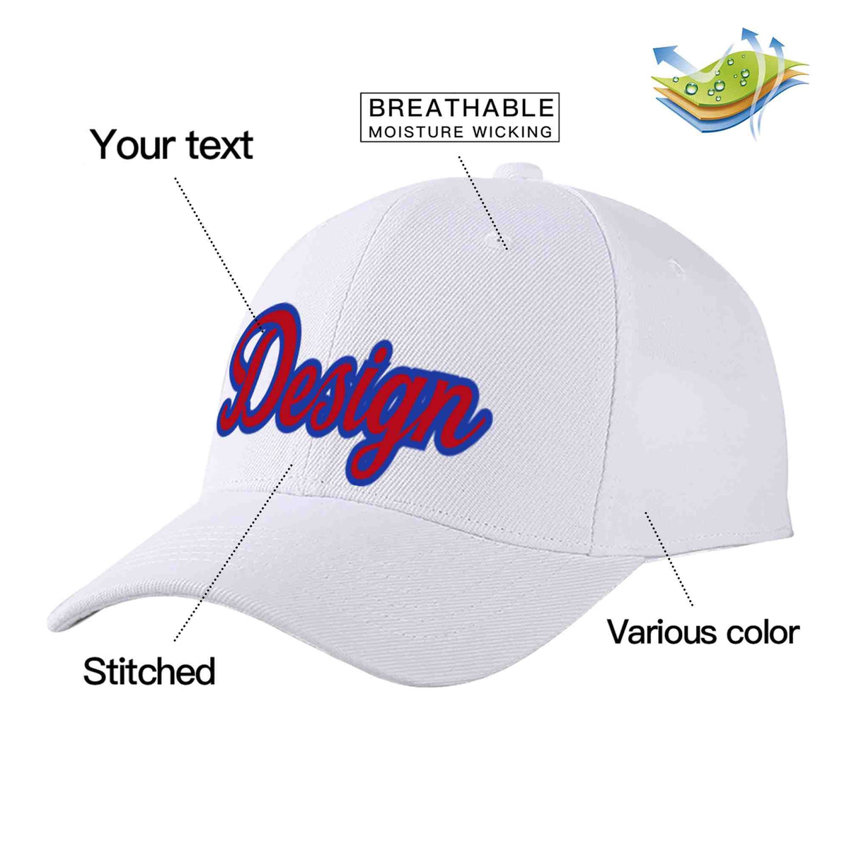 Custom White Red-Royal Curved Eaves Sport Design Baseball Cap