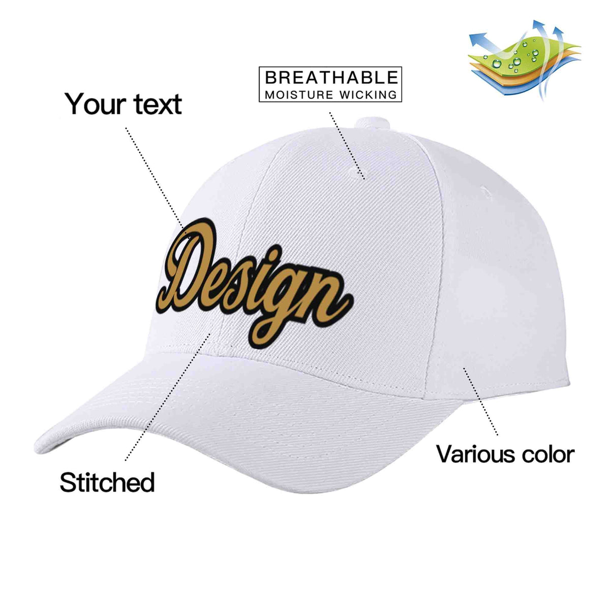 Custom White Old Gold-Black Curved Eaves Sport Design Baseball Cap