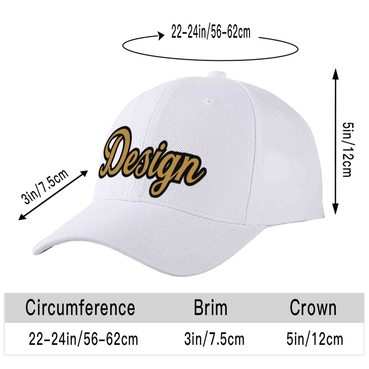 Custom White Old Gold-Black Curved Eaves Sport Design Baseball Cap