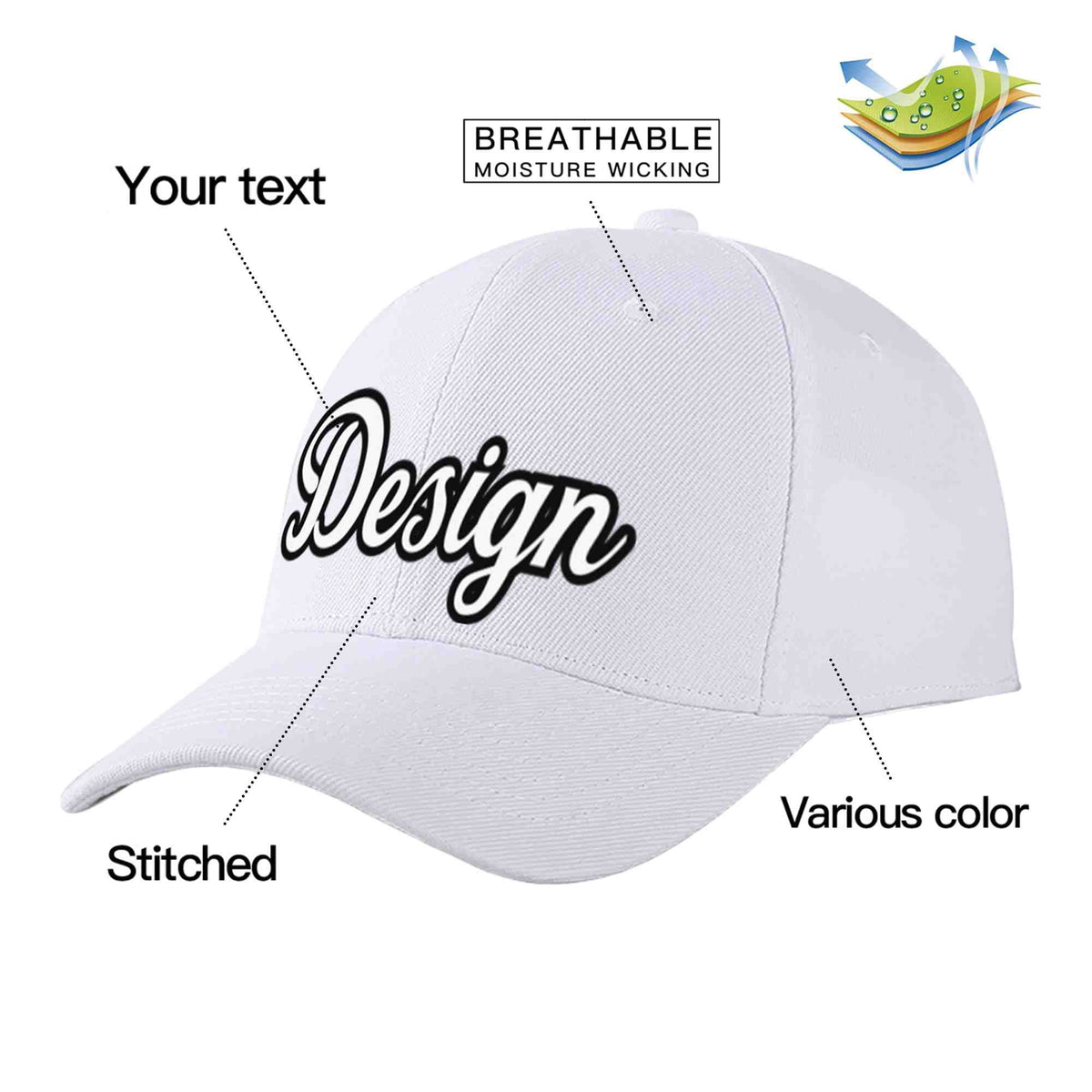 Custom White White-Black Curved Eaves Sport Design Baseball Cap