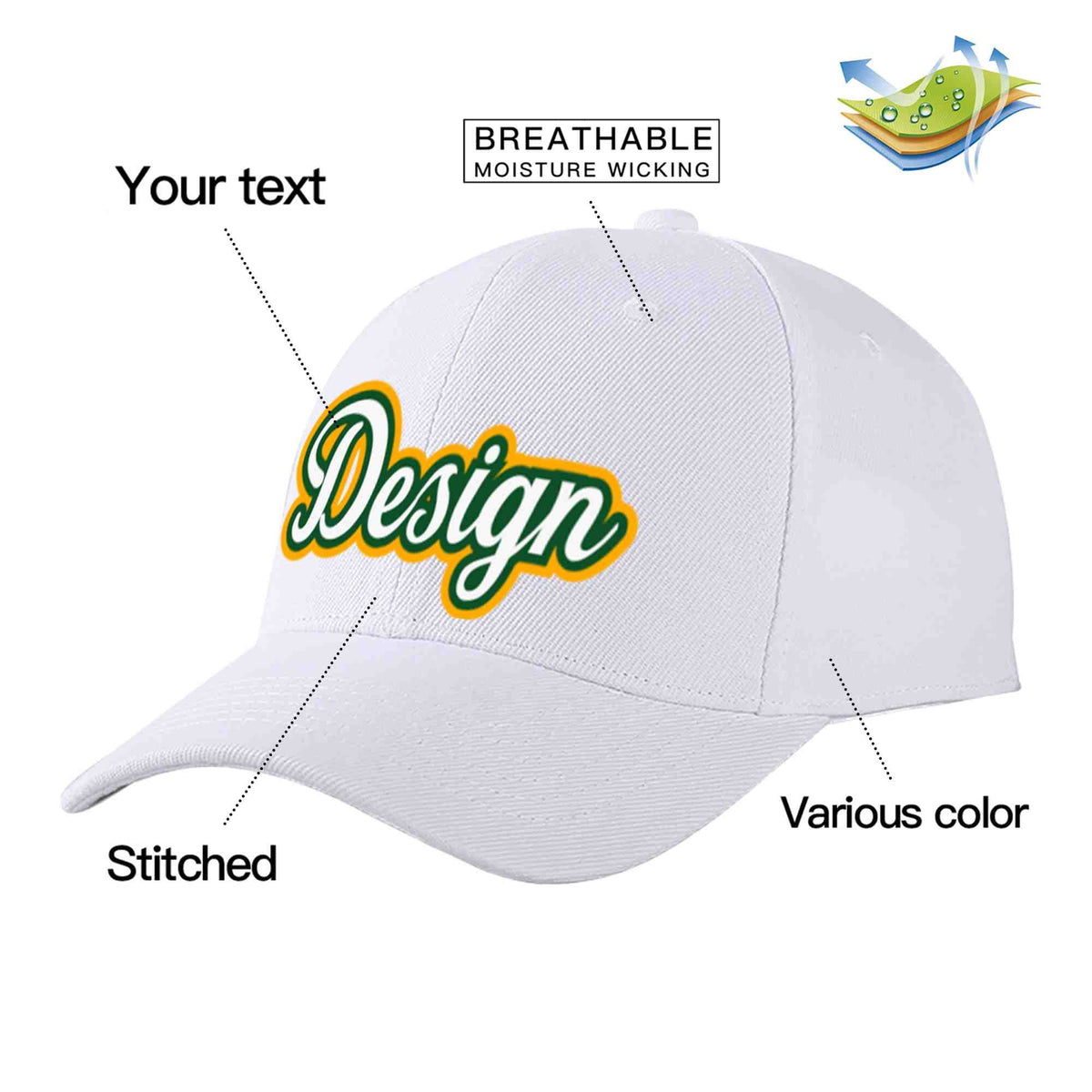 Custom White White-Kelly Green Curved Eaves Sport Design Baseball Cap