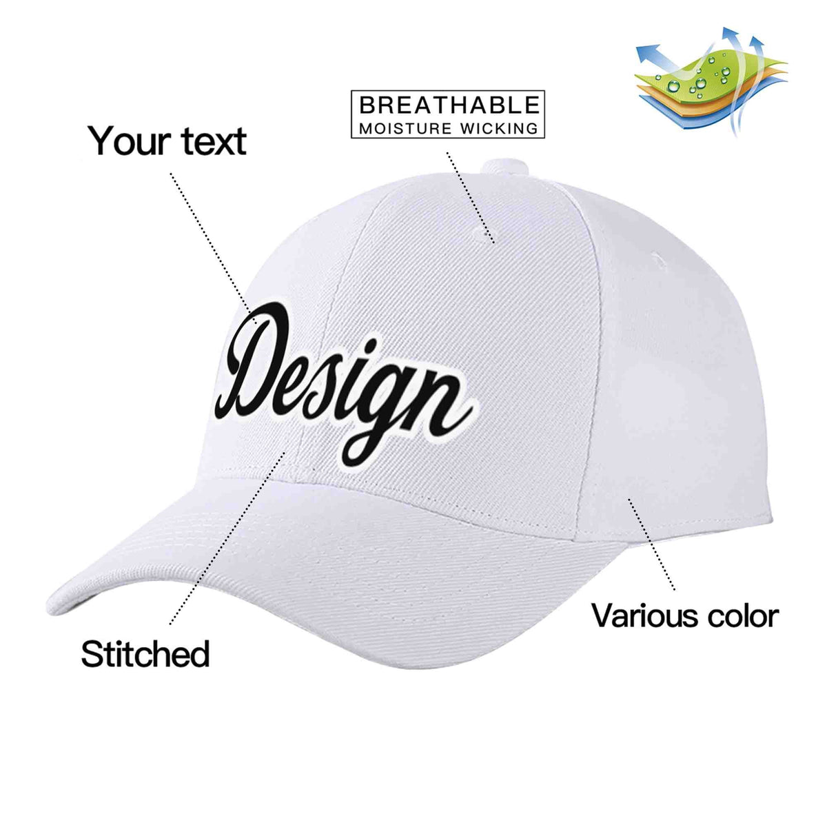 Custom White Black-White Curved Eaves Sport Design Baseball Cap