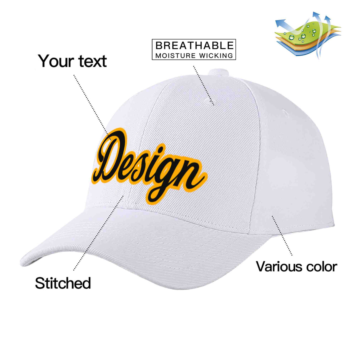 Custom White Black-Yellow Curved Eaves Sport Design Baseball Cap