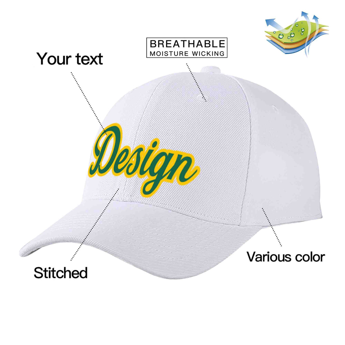 Custom White Kelly Green-Yellow Curved Eaves Sport Design Baseball Cap