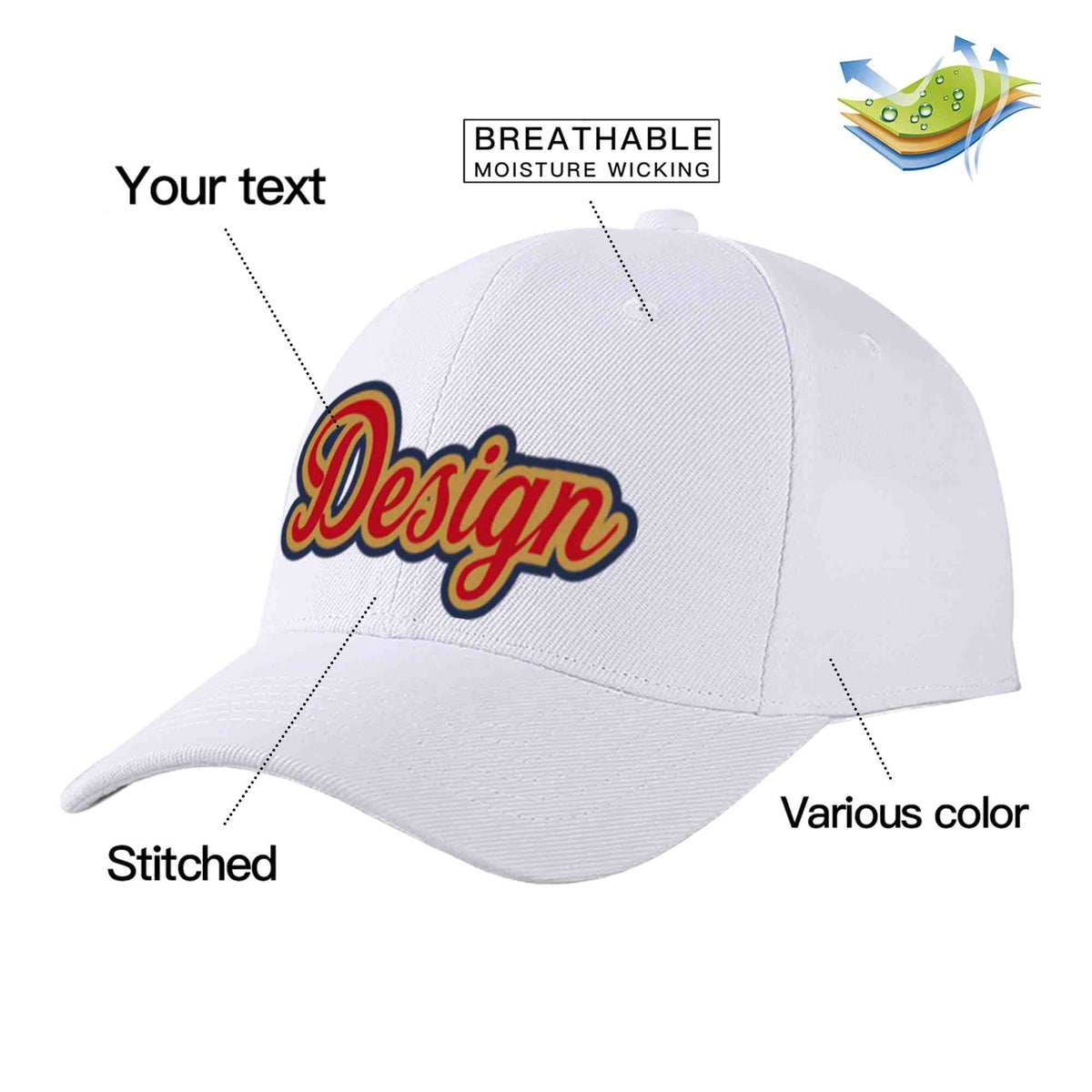 Custom White Red-Old Gold Curved Eaves Sport Design Baseball Cap