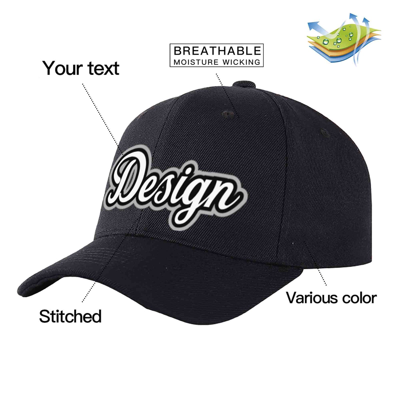 Custom Black White-Black Curved Eaves Sport Design Baseball Cap